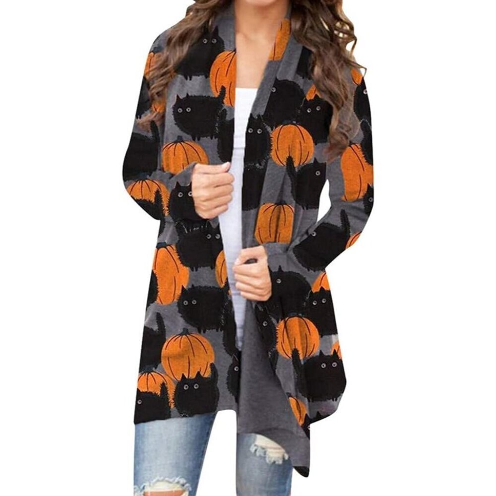 Women's Halloween Pumpkin Cat Print Knitting Cardigan Long Sleeve Coat Tops